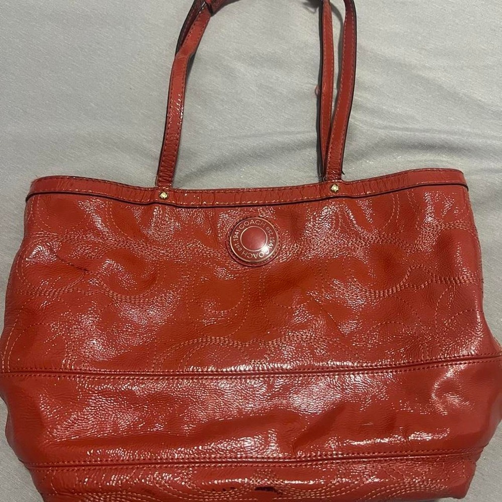 Coach Patent Leather Signature Embossed Tote Bag Red Orange F19188 Handbag